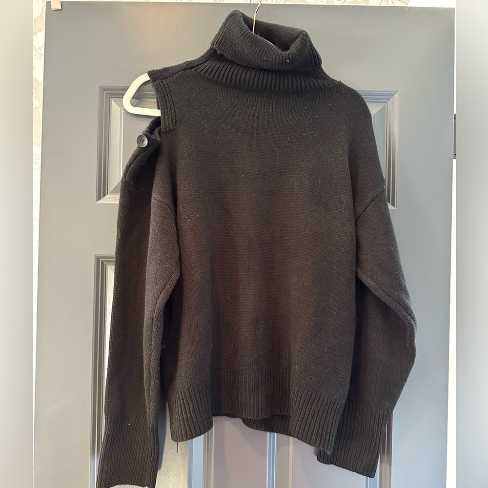 Cut out shoulder asymmetric button black acrylic sweater,  size large L